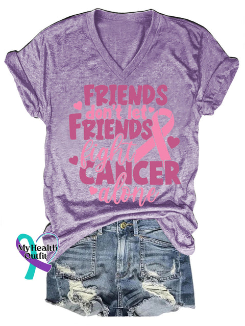 Friends Don’t Let Friends Fight Breast Cancer Alone Casual V-Neck Short Sleeve T-Shirt Purple / S