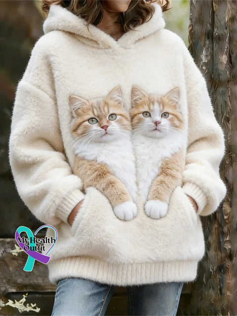 Friendship Cat Pattern Cozy Plush Hoodie Sweatshirt Multicolor / S