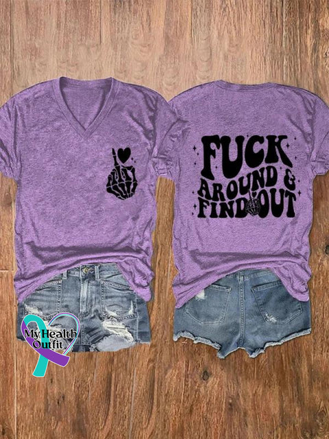 Fuck Around Find Out Art Print V-Neck Casual T-Shirt Purple / S