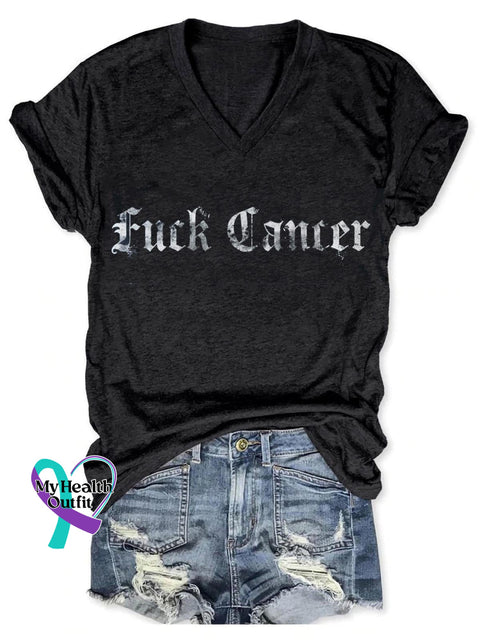Fuck Cancer Art Print V-Neck Casual T-Shirt Black / S