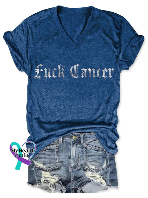 Fuck Cancer Art Print V-Neck Casual T-Shirt Blue / S