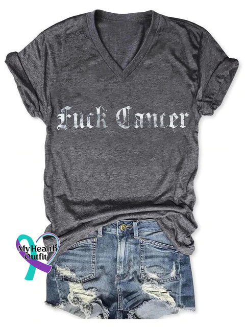Fuck Cancer Art Print V-Neck Casual T-Shirt Grey / S