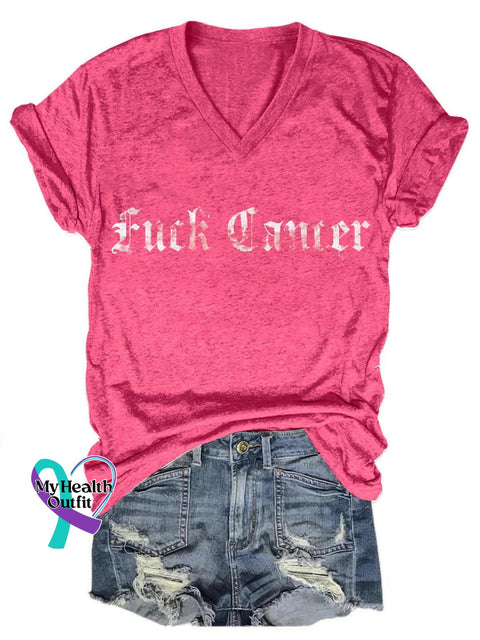 Fuck Cancer Art Print V-Neck Casual T-Shirt Pink / S