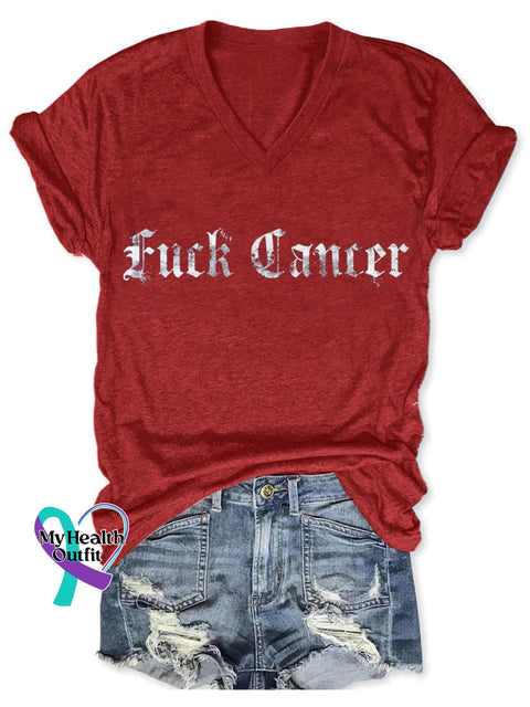 Fuck Cancer Art Print V-Neck Casual T-Shirt Red / S