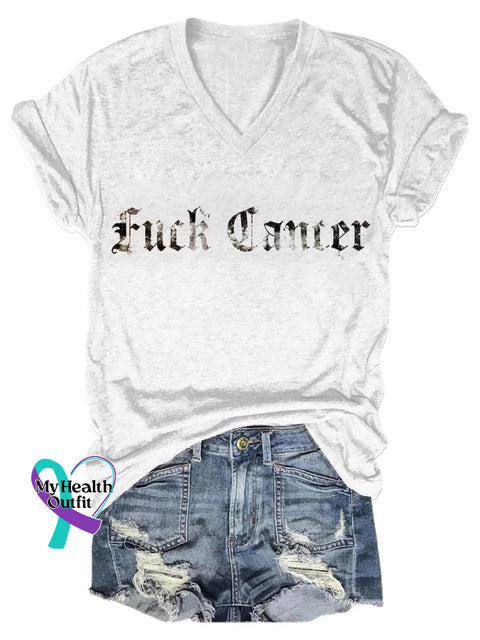 Fuck Cancer Art Print V-Neck Casual T-Shirt White / S