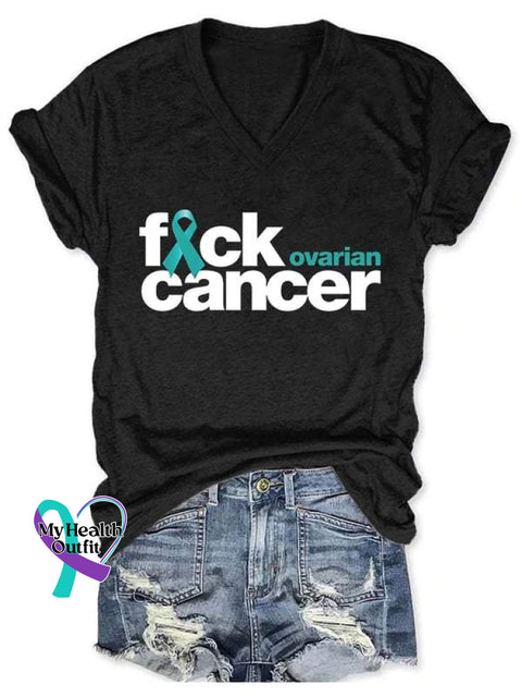 Fuck Ovarian Cancer Art Print V-Neck Casual T-Shirt Black / S