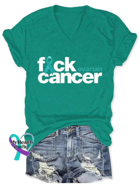 Fuck Ovarian Cancer Art Print V-Neck Casual T-Shirt Green / S