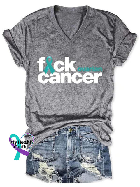 Fuck Ovarian Cancer Art Print V-Neck Casual T-Shirt Grey / S