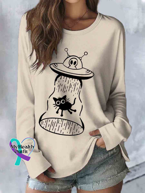 Funny Alien Cat Art Casual Long Sleeve Top Apricot / S