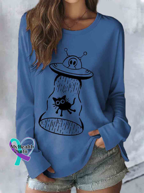 Funny Alien Cat Art Casual Long Sleeve Top Blue / S
