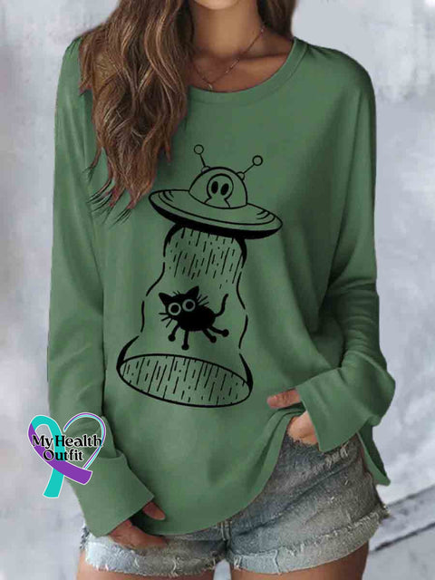 Funny Alien Cat Art Casual Long Sleeve Top Green / S
