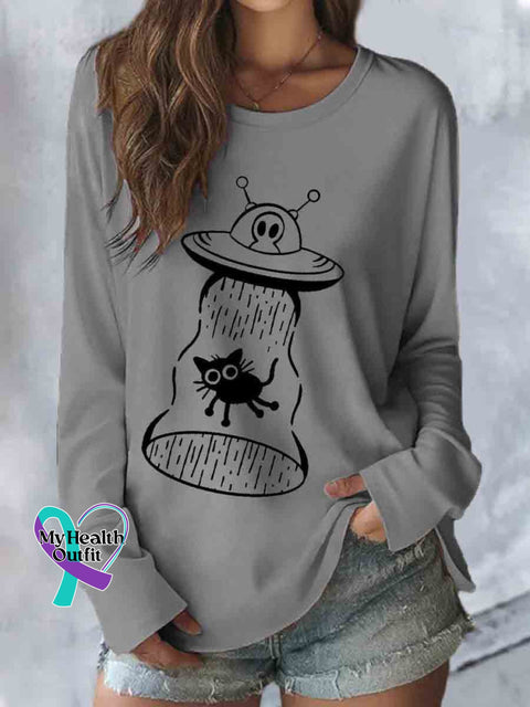 Funny Alien Cat Art Casual Long Sleeve Top Grey / S
