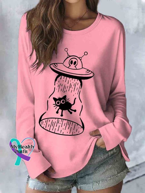 Funny Alien Cat Art Casual Long Sleeve Top Pink / S