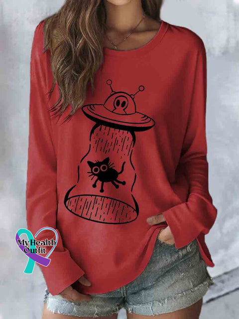 Funny Alien Cat Art Casual Long Sleeve Top Red / S