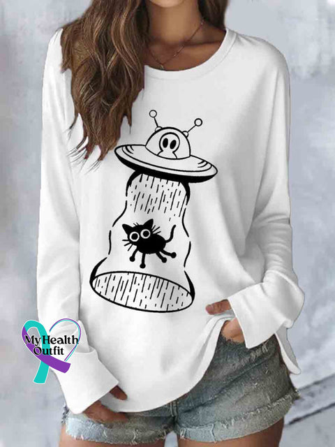 Funny Alien Cat Art Casual Long Sleeve Top White / S