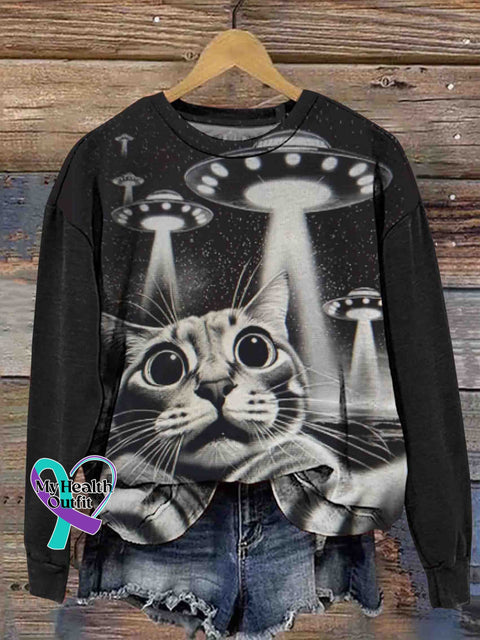 Funny Alien Cat Art Sweatshirt Multicolor / S