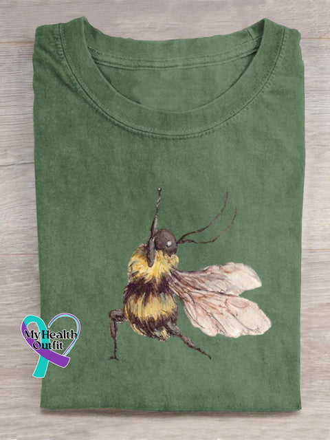 Funny Bee Art Print Casual Cotton T-shirt Green / S