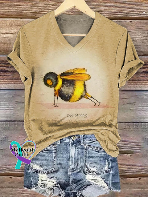 Funny Bee Strong Art Print V-neck Casual Cotton T-Shirt Khaki / S