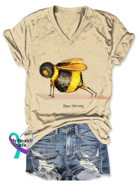 Funny Bee Strong Art Print V-neck Casual T-Shirt Apricot / S