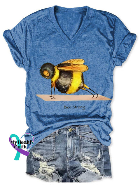Funny Bee Strong Art Print V-neck Casual T-Shirt Blue / S