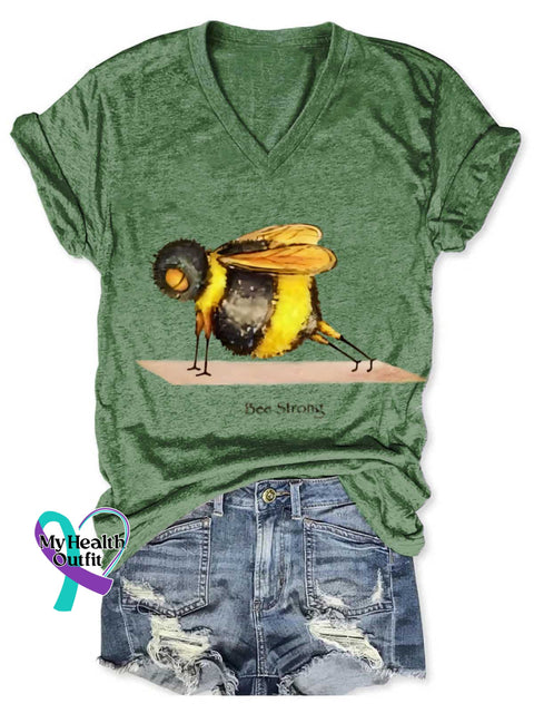 Funny Bee Strong Art Print V-neck Casual T-Shirt Green / S