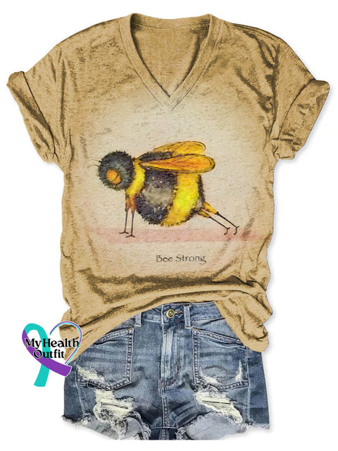 Funny Bee Strong Art Print V-neck Casual T-Shirt Khaki / S