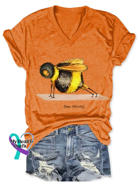 Funny Bee Strong Art Print V-neck Casual T-Shirt Orange / S
