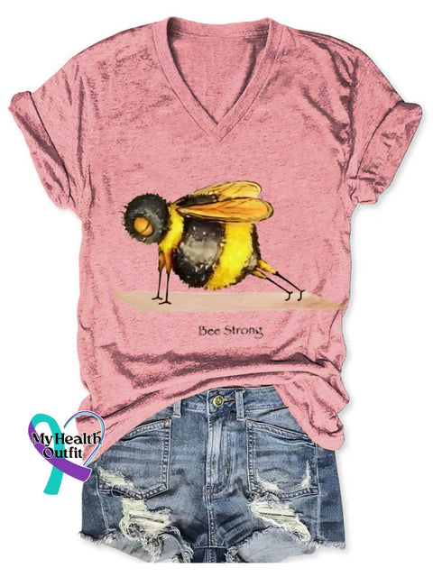 Funny Bee Strong Art Print V-neck Casual T-Shirt Pink / S