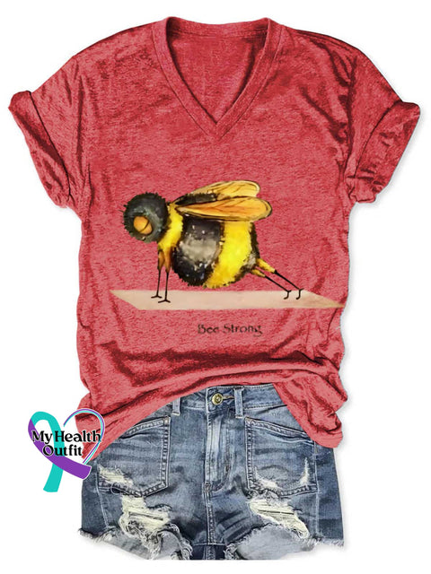 Funny Bee Strong Art Print V-neck Casual T-Shirt Red / S