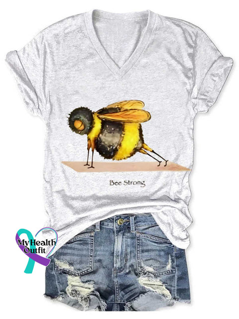 Funny Bee Strong Art Print V-neck Casual T-Shirt White / S