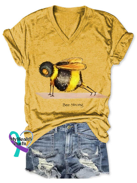 Funny Bee Strong Art Print V-neck Casual T-Shirt Yellow / S