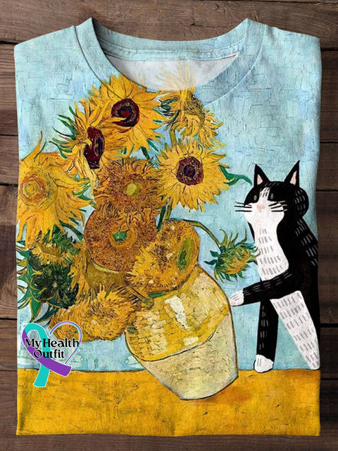 Funny Black Cat Art Print T-Shirt As Picture / S