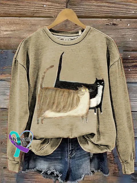 Funny Cat Art Print Casual Cotton Sweatshirt Khaki / S