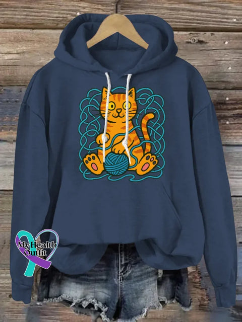 Funny Cat Art Print Casual Hoodie Sweatshirt Blue / S