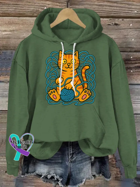 Funny Cat Art Print Casual Hoodie Sweatshirt Green / S