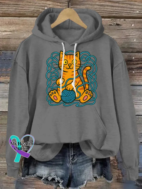 Funny Cat Art Print Casual Hoodie Sweatshirt Grey / S