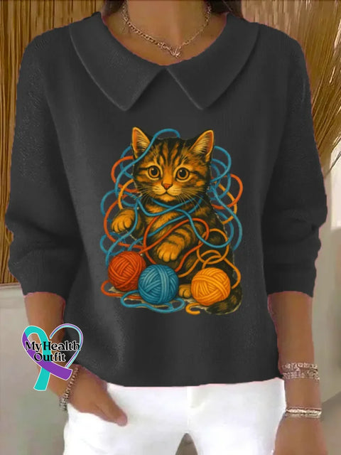 Funny Cat Art Print Casual Peter Pan Collar 3/4 Sleeve Sweat Black / S