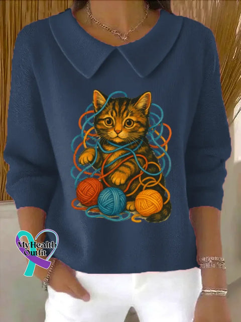 Funny Cat Art Print Casual Peter Pan Collar 3/4 Sleeve Sweat Blue / S