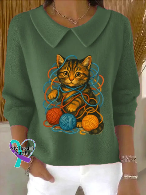 Funny Cat Art Print Casual Peter Pan Collar 3/4 Sleeve Sweat Green / S