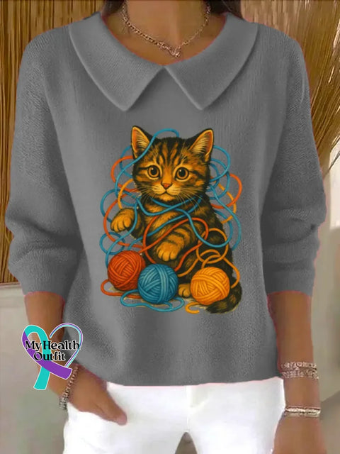 Funny Cat Art Print Casual Peter Pan Collar 3/4 Sleeve Sweat Grey / S
