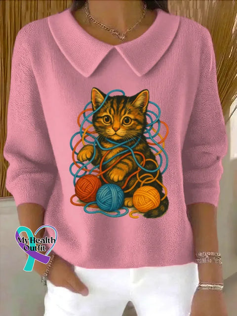 Funny Cat Art Print Casual Peter Pan Collar 3/4 Sleeve Sweat Pink / S