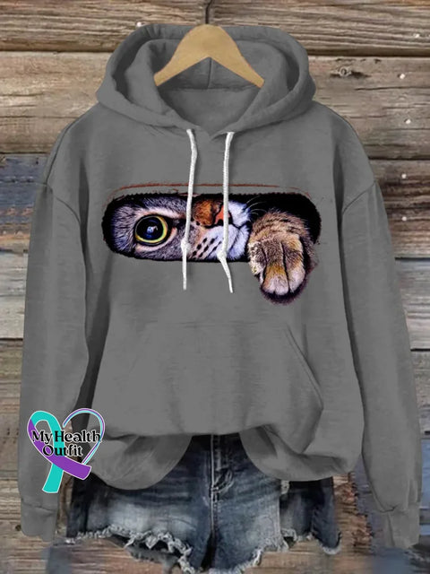 Funny Cat Art Print Casual Sweatshirt Grey / S