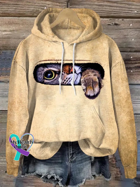 Funny Cat Art Print Casual Sweatshirt Khaki / S