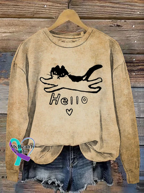 Funny Cat Art Print Casual Sweatshirt Khaki / S