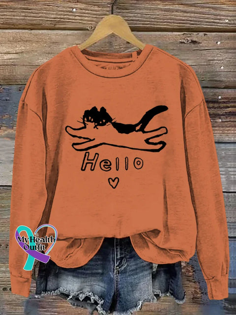 Funny Cat Art Print Casual Sweatshirt Orange / S