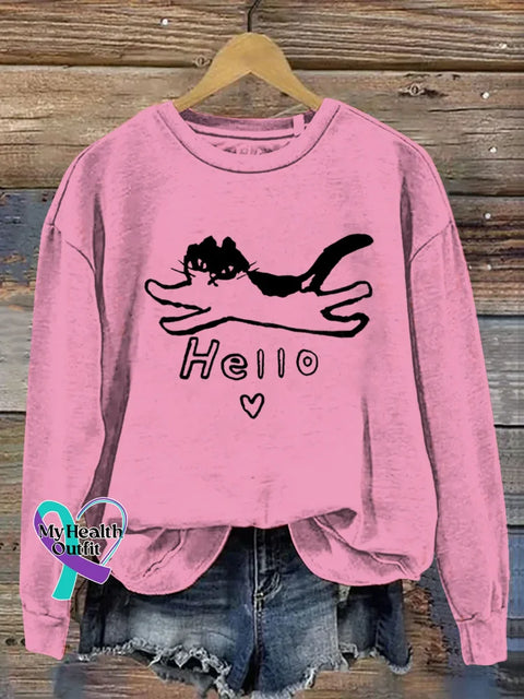 Funny Cat Art Print Casual Sweatshirt Pink / S