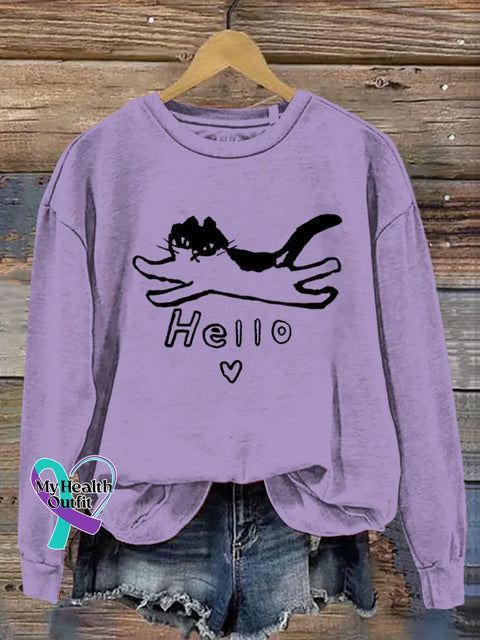 Funny Cat Art Print Casual Sweatshirt Purple / S