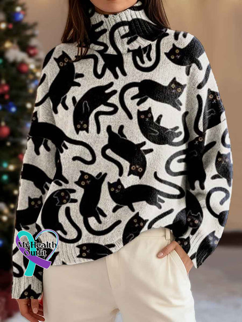 Funny Cat Art Print Knit Turtleneck Pullover Sweater Multicolor / S