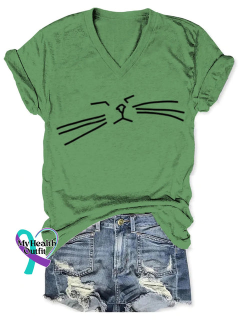 Funny Cat Art Print V-Neck T-Shirt Green / S