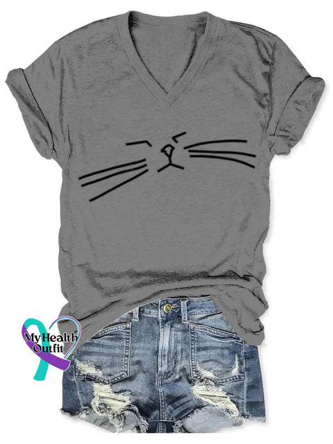 Funny Cat Art Print V-Neck T-Shirt Grey / S